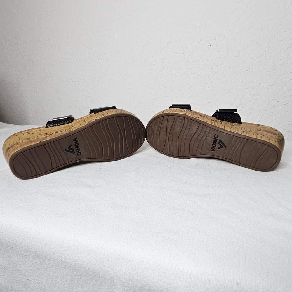 Vionic Atlantic Pepper Black Snakeskin Cork Wedge Sandals Size 9 Adjustable - Picture 7 of 8